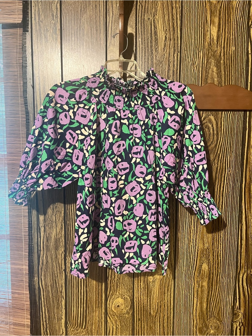 Floral Smocked Neck Blouse in Navy, Lavender & Green